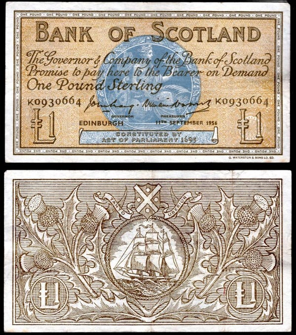Bank of Scotland. £1 Sep 1956 GF+.  dy20673