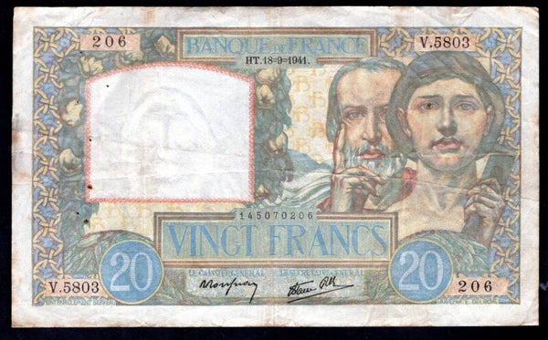France. 20 Francs 18-9-1941 Crisp GF+.     dy20853
