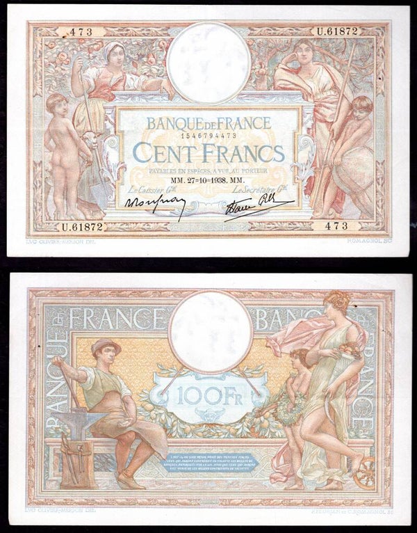 France, 100 Francs 27-10-1938. 1546794473. Crisp GVF. DY20855