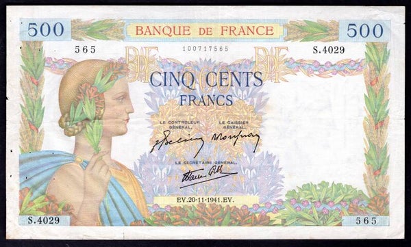 France. 500 Francs 20-11-1941 100717565 (WPM 95b) Crisp F-VF. dy20856