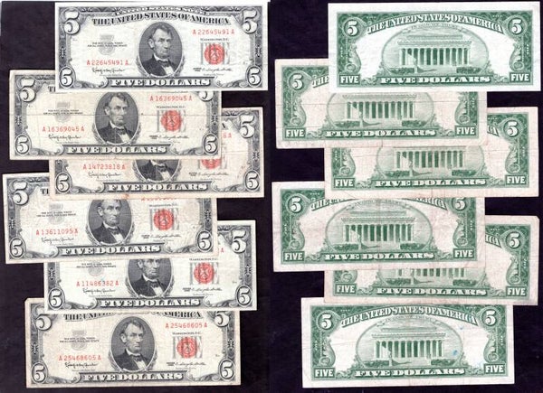 USA. Red Seal. 6 x $5 series 1963. VG average. DY20870