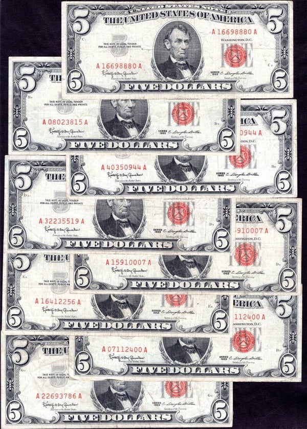 USA. Red Seal. 8 x $5 series 1963. VG to Fine. DY20872