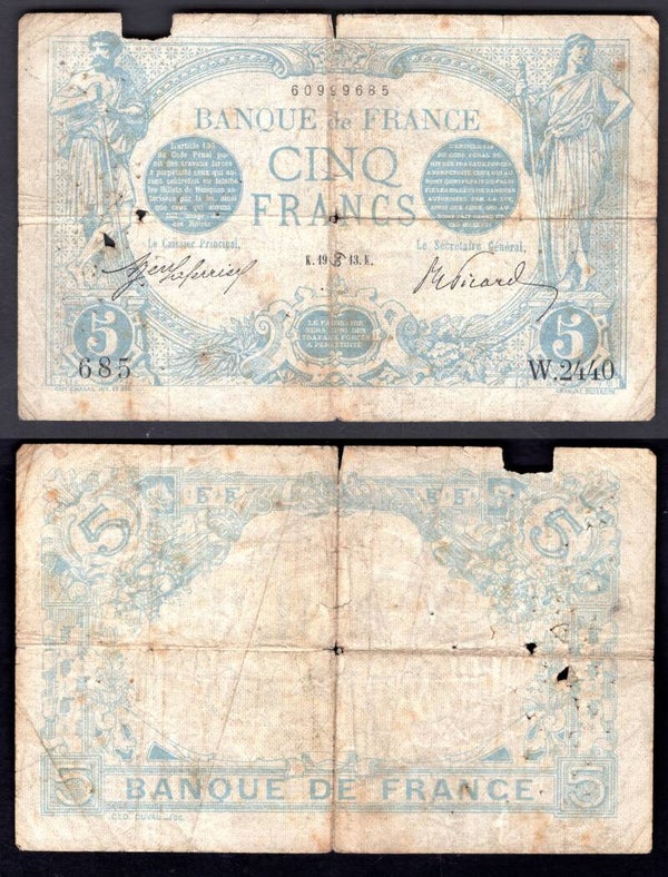 France. Five Francs 1913 (WPM 70). Poor.     dy20881