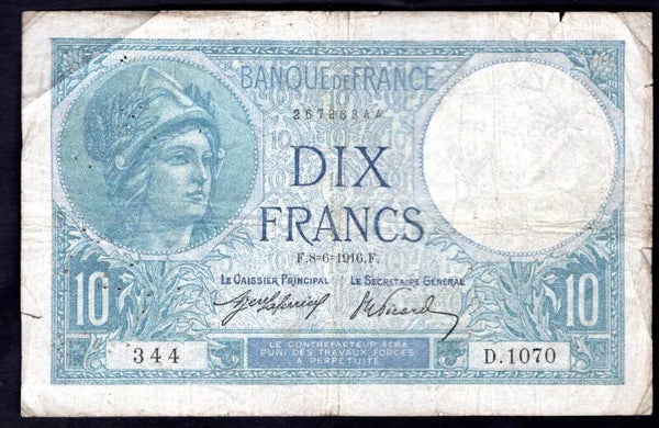 France. 10 Francs 8-6-1916 NF.     dy20891