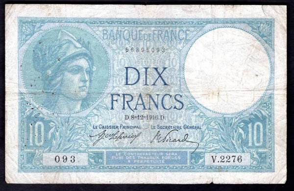 France. 10 Francs 8-12-1916 Crisp Fine.     dy20892