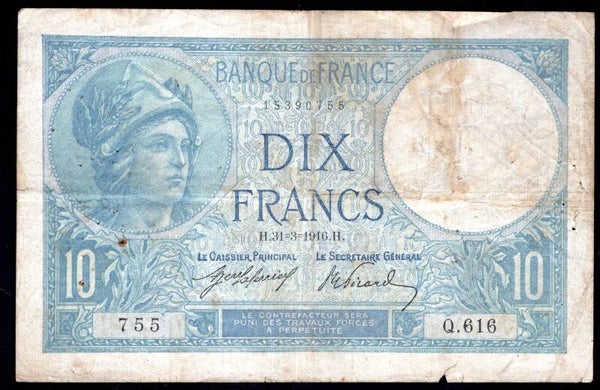 France. 10 Francs 31-3-1916 Crisp Fine.     dy20893