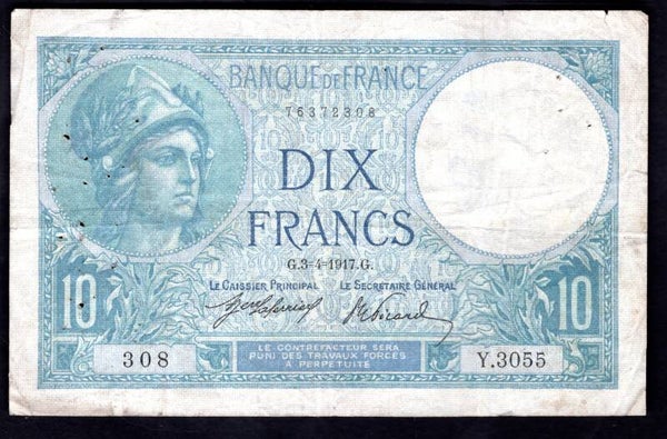 France. Ten Francs 3-4-1917 Crisp GF.     dy20895