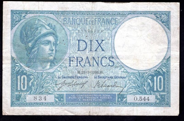 France. 10 Francs 21-3-1916 Crisp F-VF.     dy20896