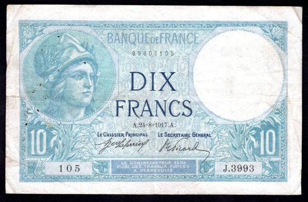 France. Ten Francs 24-8-1917 Crisp F-VF.    dy20897