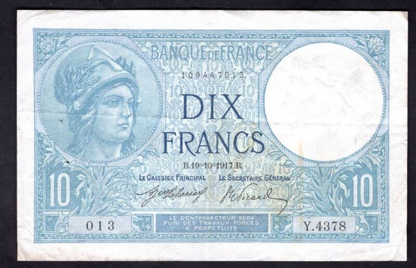France. Ten Francs 19-10-1917 VF.     dy20898