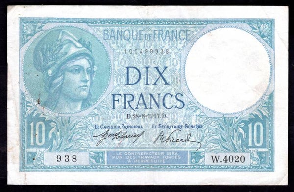 France. Ten Francs 28-8-1917 Crisp VF.     dy20899