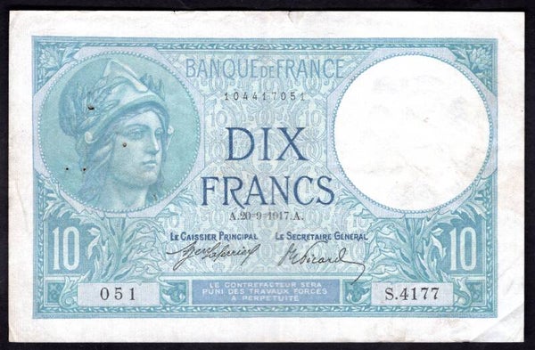 France. Ten Francs 20-9-1917 Crisp VF.     dy20900