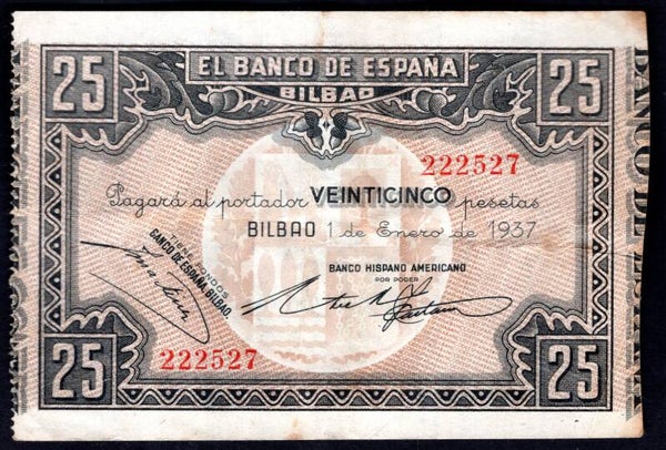 Spain. Hispano Americano 25 Pesetas 1937, 222527 Crisp F-VF.    dy20904