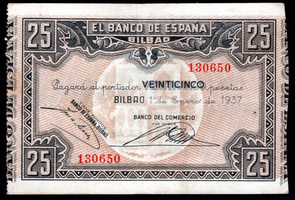 Spain. Banco Comercio. 25 Pesetas 1937 130650 GVF.    dy20906