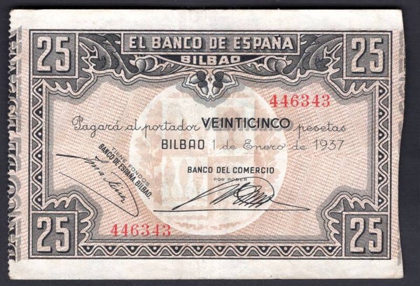 Spain. Banco Comercio. 25 Pesetas 1937,446343 GVF.     dy20907