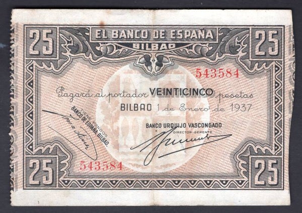 Spain. Urquijo Vascongado 25 Pesetas 1937, 543584 Crisp GVF.    dy20909