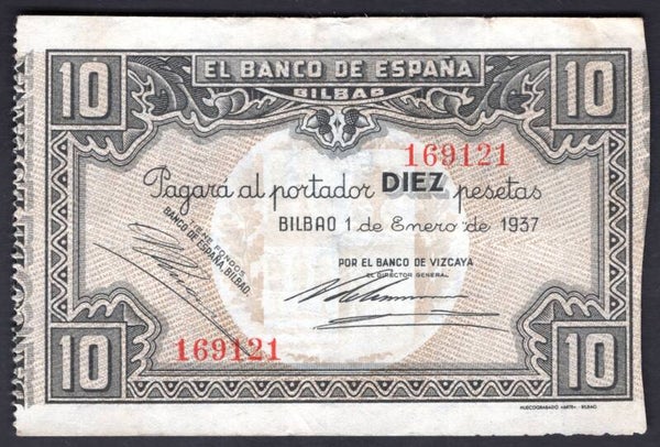 Spain. Banco de Vizcaya. 10 Pesetas 169121 Crisp F-VF.    dy20911