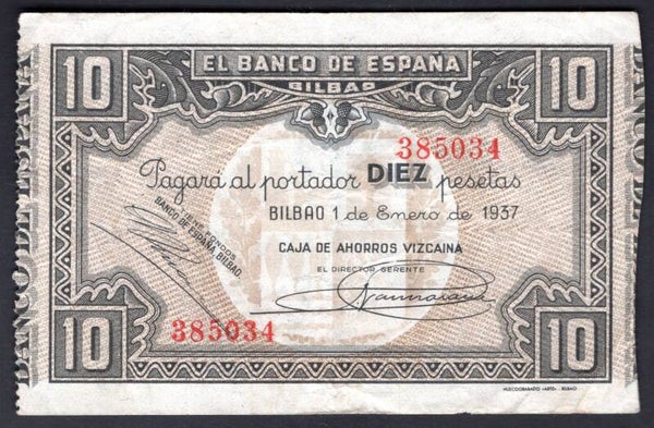 Spain. Ahorros Vizcaina. 10 Pesetas 1937 (WPM S562). 385034 Crisp GF.   dy20913