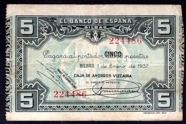 Spain. Ahorros Vizcaina. 5 Pesetas 224486     GF.    dy20915