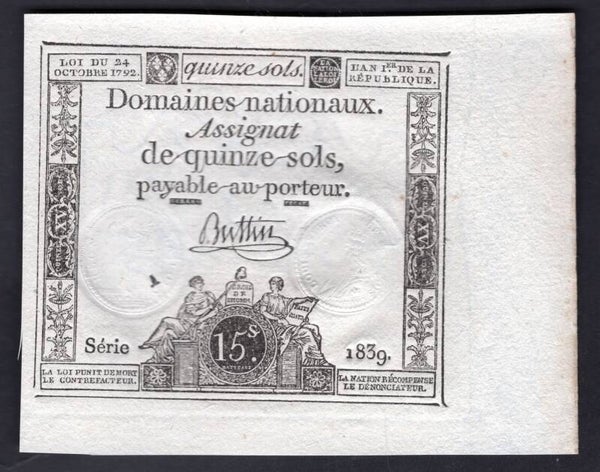 France. 15 Sols 1792 series 1839  AU+.      dy20961