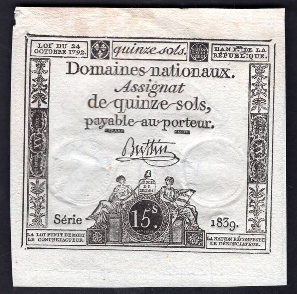 France. 15 Sols, wmk "Nation", VF-EF  DY20962