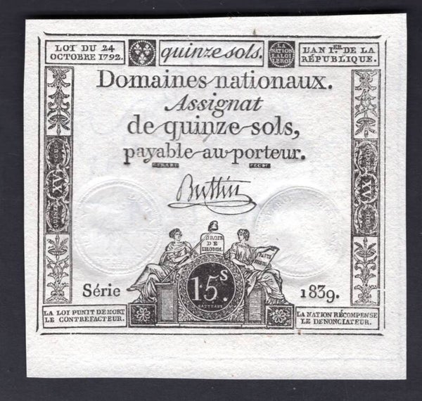 France. 15 Sols 24-10-1792 wmk "Nation" WPM A69a, AU. DY20963