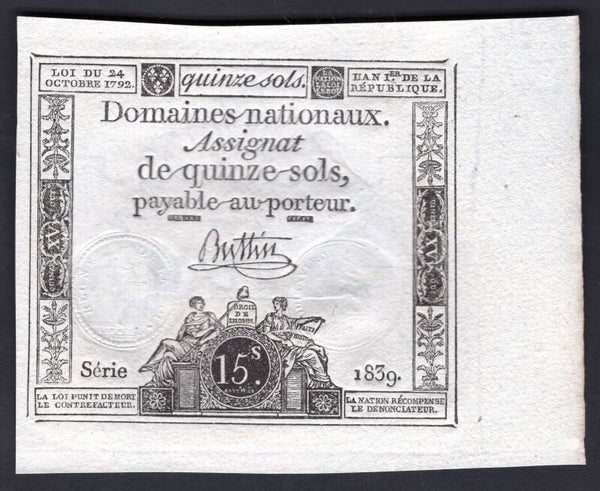 France. 15 Sols 1792 series 1839  (WPM A69a). AU+     dy20964