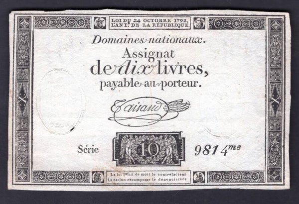 France. Ten Livres (1792) (WPM 66b).  Series 981 Fine.     dy20969