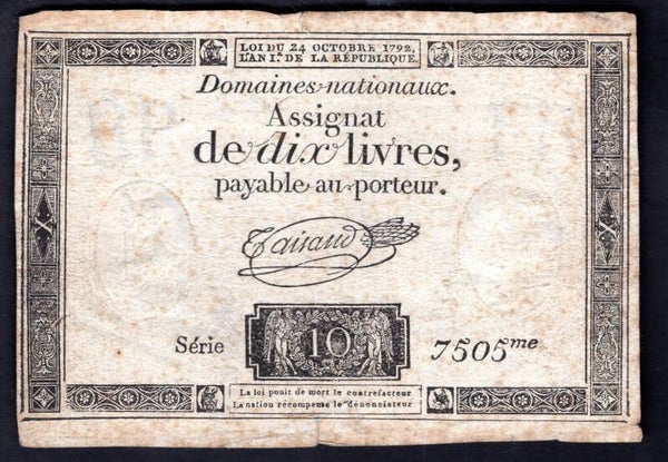 France. 10 Livres (1792) (WPM A66b) series 7505 GF+.     dy20970