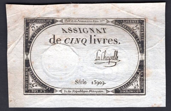 France. 5 Livres (1793) series 15909 F-VF.     dy20972