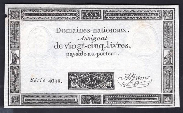 France. 25 Livres 1793 (WPM A71) Series 4088 GVF+.      dy20980