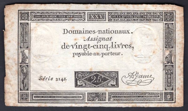 France. 25 Livres (1793) (WPM A71) Series 2142   F-VF.     dy20981
