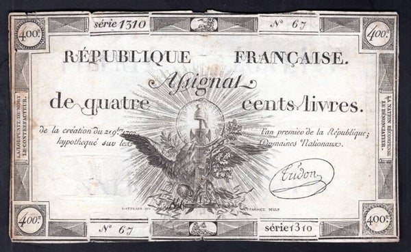 France, 400 Livres, 1792 , series 1310, Tridon sig. Nearly Fine.     dy20991
