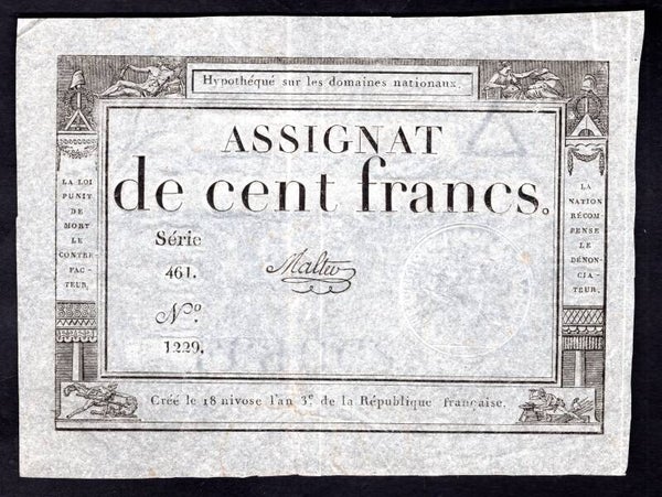 France. 100 Francs 1795 series 461. F-VF.  dy20996