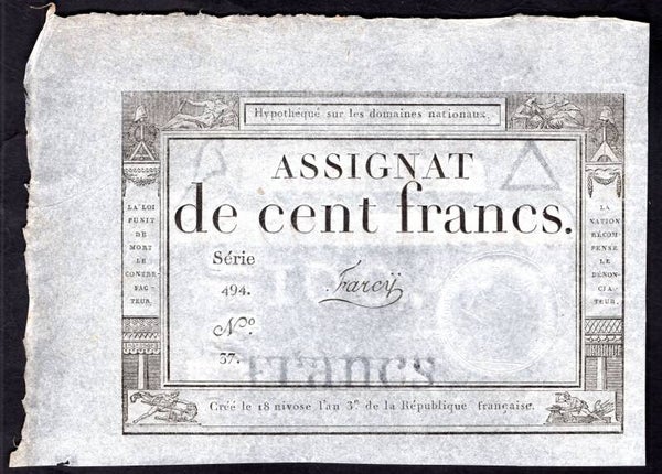 France. 100 Francs 1795 series 494. NEF.  dy20997