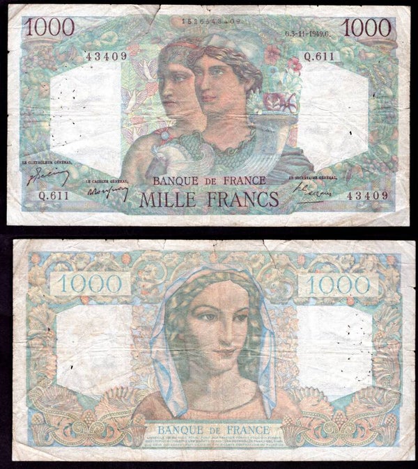 France. 1,000 Francs 3-11-1949 Good.     dy21090