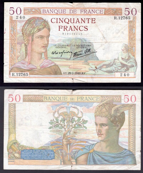 France. 50 Francs 29-2-1940 GF+.     dy21103