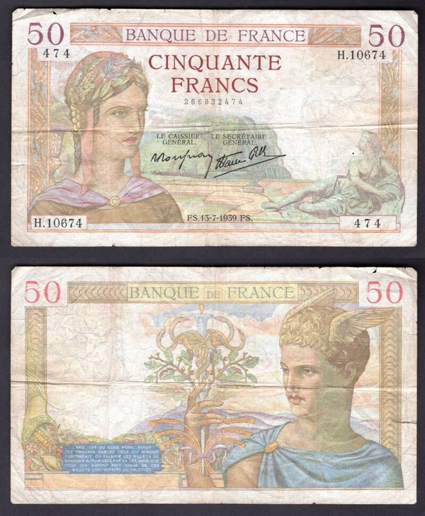 France. 50 Francs 13-7-1939 Nearly Fine.     dy21104