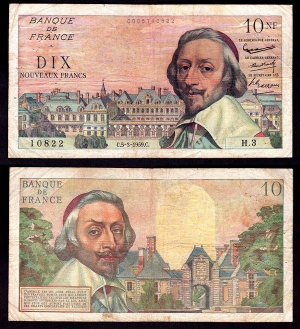 France. 10 New Francs 5-3-1959 Fine.     dy21106