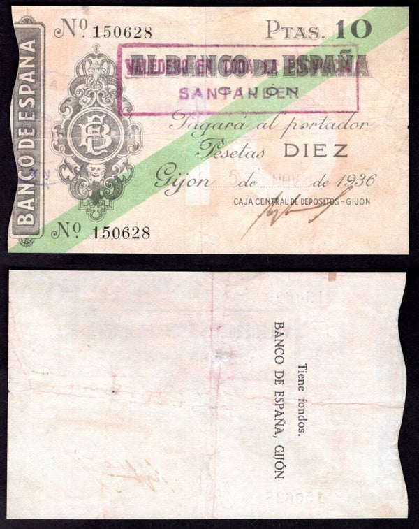 Spain, Gijon/Santander, 10 Pesetas, 1936. 150628. F-VF. DY21220