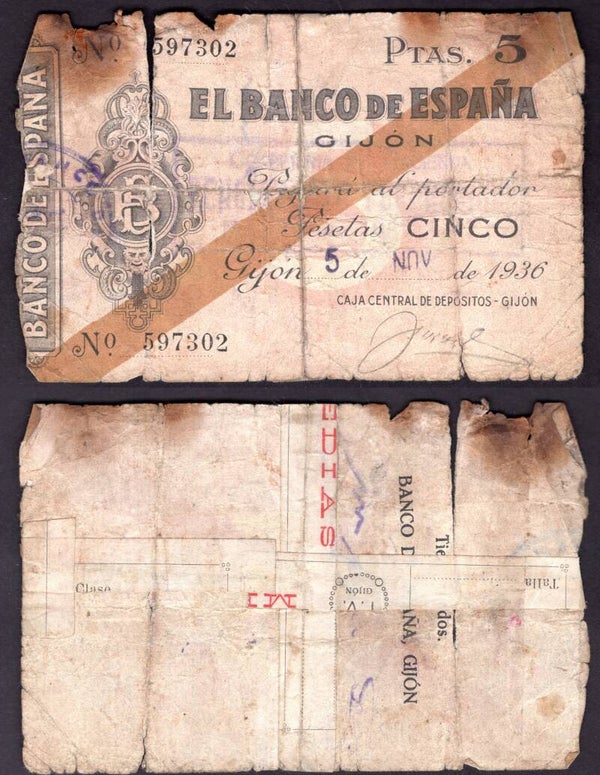 Spain. 5 Pesetas Gijon, 5 Pesetas 1936 (WPM S571) 597302 Poor . DY21221