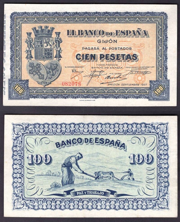 Spain. 100 Pesetas, 1937 082078 (WPM S580). Crisp VF-EF. DY21222