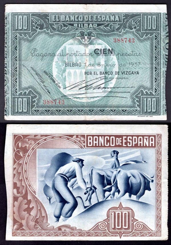 Spain. Banco de Vizcaya. 100 Pesetas 1937, 388743 Crisp VF.     dy21224