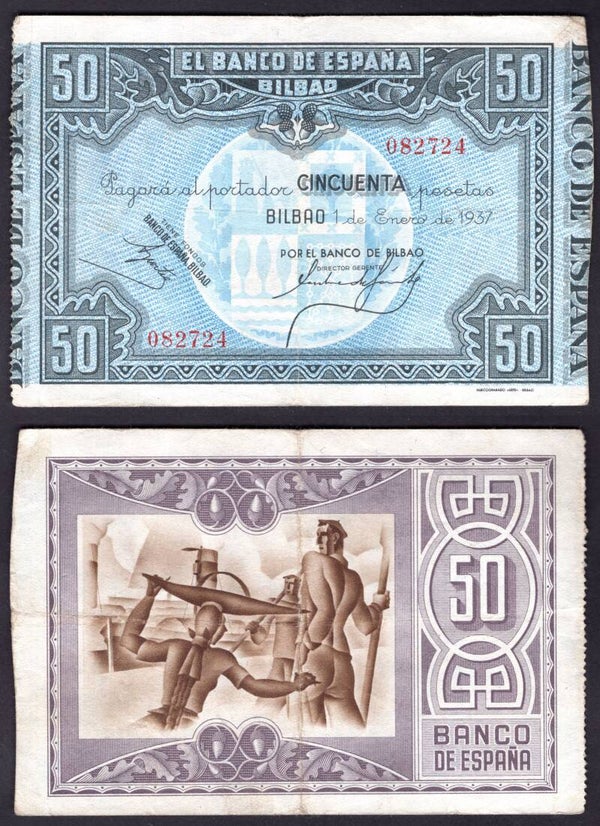 Spain. Banco de Bilbao. 50 Pesetas 082724  F-VF.     dy21225