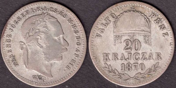 Hungary. 20 Krajczar 1870 Karlsburg.   dy21250