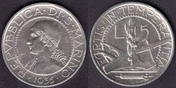 San Marino. Five Lire 1935.   dy21351