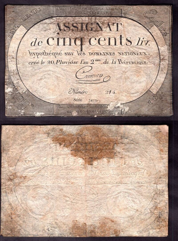 France. 500 Livres (1794) Fine.  dy21399