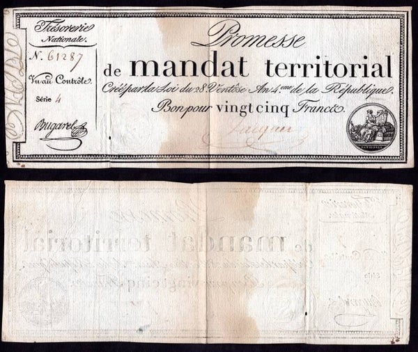 France. Mandat Territorial. 25 Francs (1796) F-VF.  dy21401