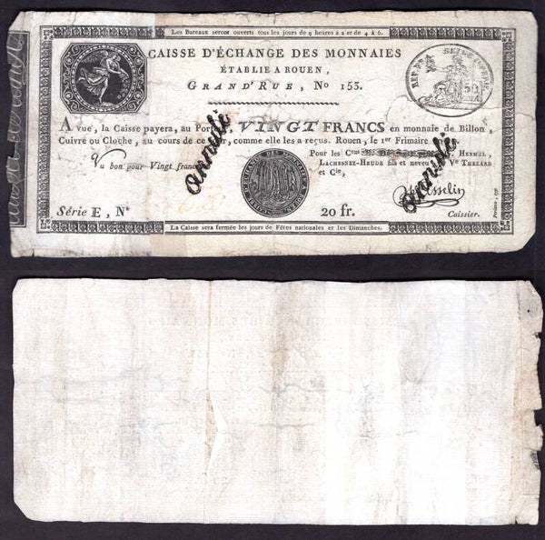France. Caisse D'Echange des Monnaies Rouen. 20 Francs 1790s. dy21402