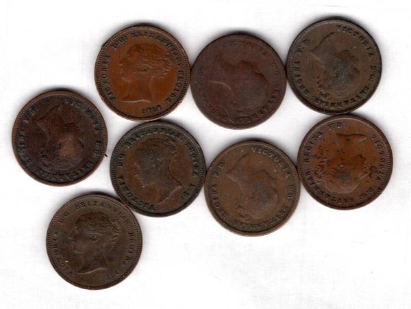 Great Britain. Half Farthings; Group of 8, 1843 = 3 & 1844 = 5). dy21419